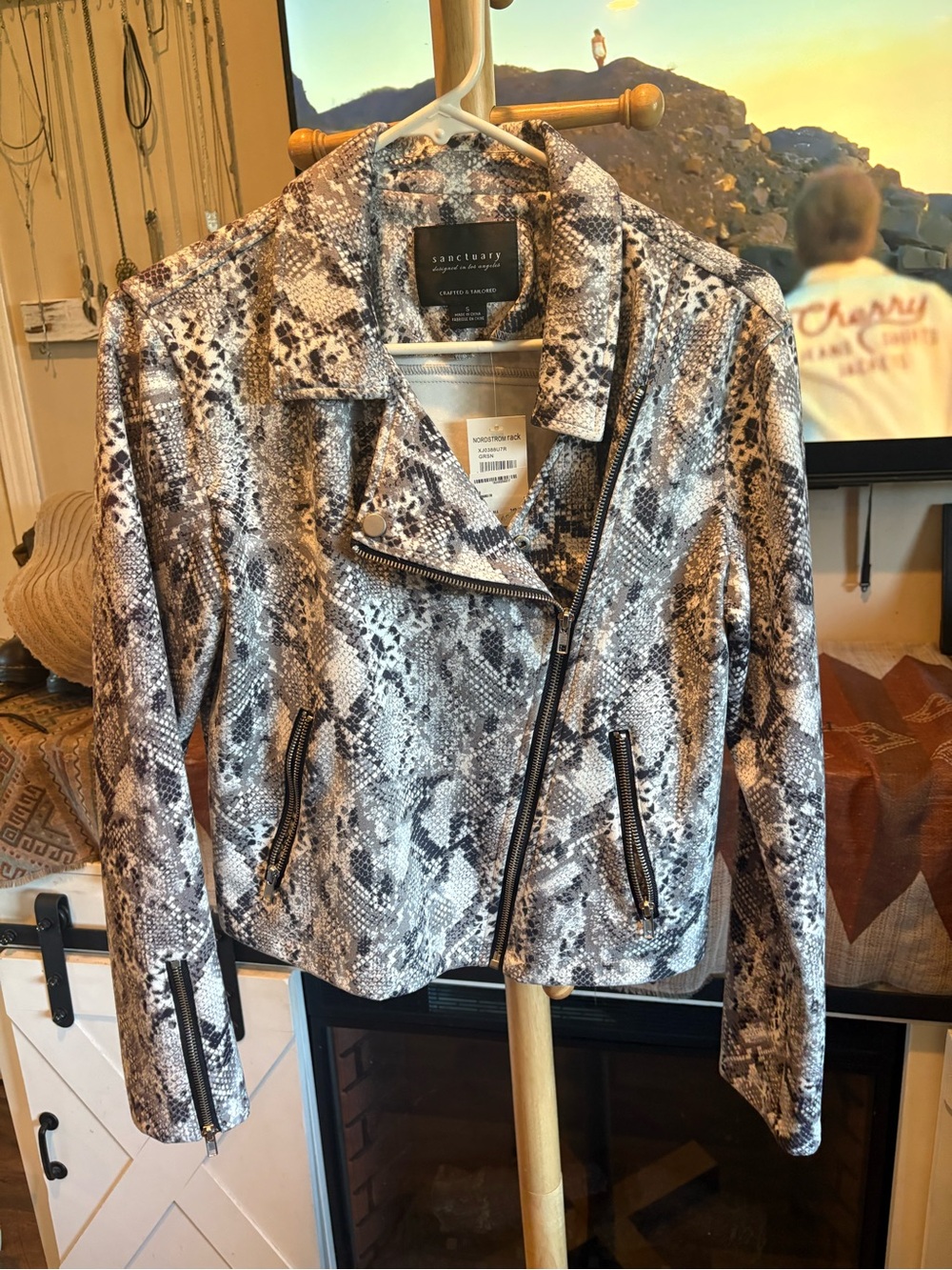 Sanctuary Snake-Print Leather Moto Jacket in Gray and Black